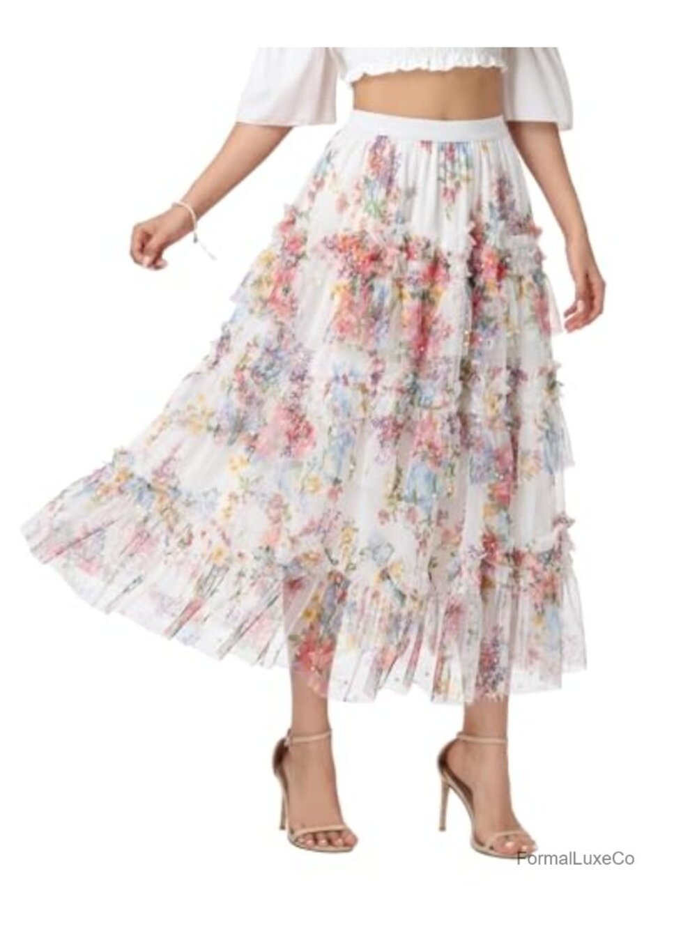 Womens Tulle Midi Skirt Beaded Floral A Line High Waist Party